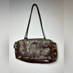 vintage y2k 2000s LL leather hand tooled green and brown leather handbag purse